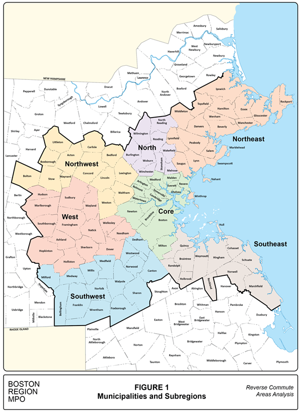 Municipalities and Subregions
This figure is a map of the municipalities of the Boston Region MPO and the subregions into which they were grouped for this study.
